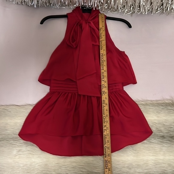 BCBGMAXAZRIA Red Celline XXS Sleeveless Pussycat Bow High Waist Peplum Blouse - Picture 9 of 14